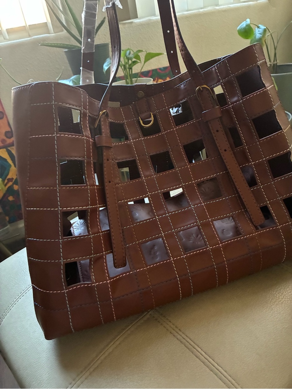 Women's Brown Woven Cutout Tote Bag